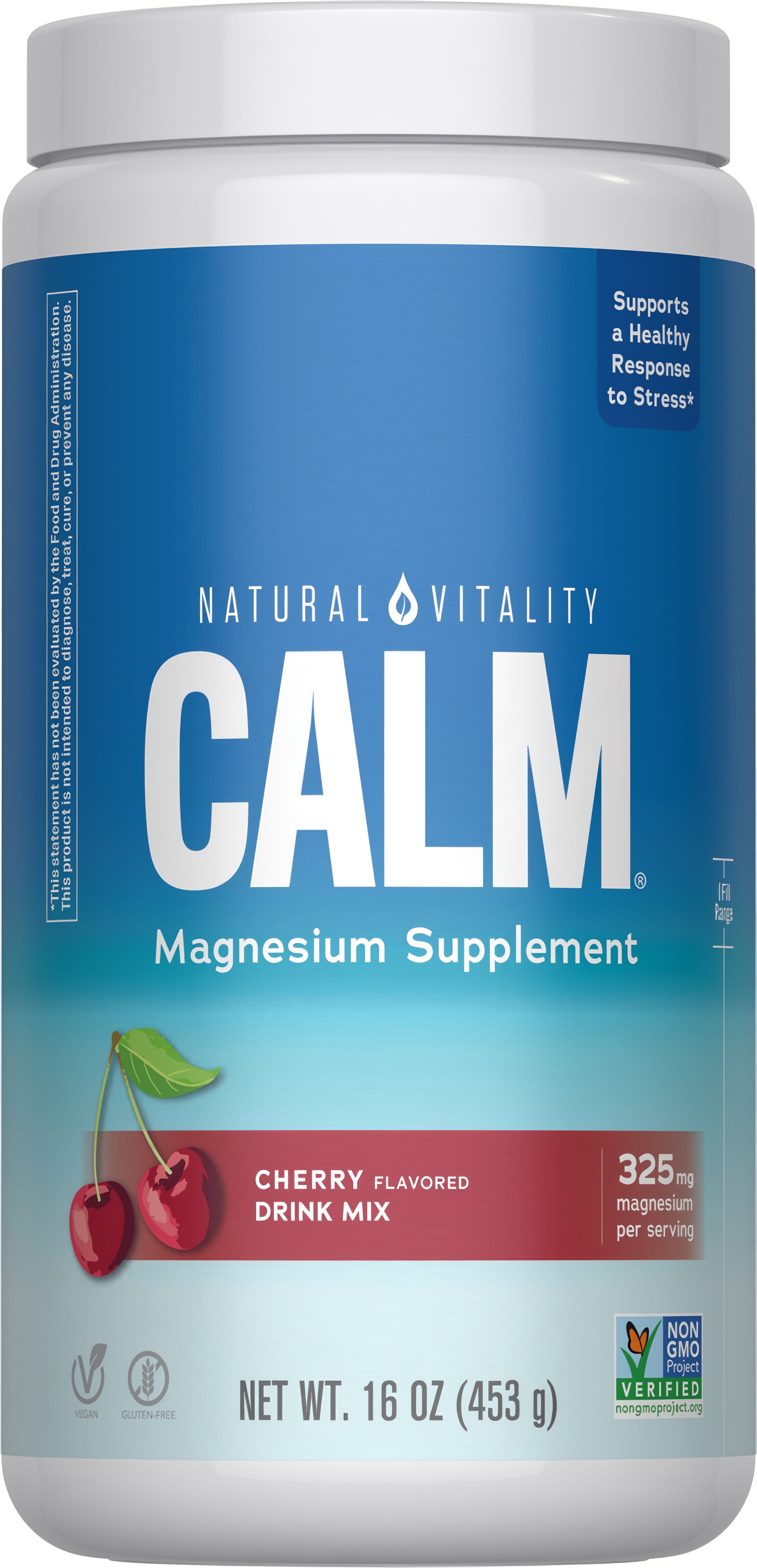 Natural Vitality CALM Magnesium Supplement, Cherry Flavor Drink Mix, 16 oz (453 g) with 325 mg magnesium per serving.