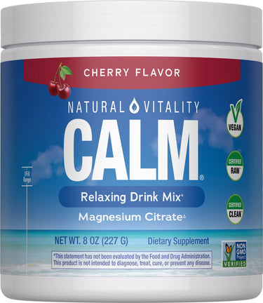 Natural Vitality Calm Cherry Flavor is a relaxing drink mix with magnesium citrate, available in an 8 oz (227 g) package.