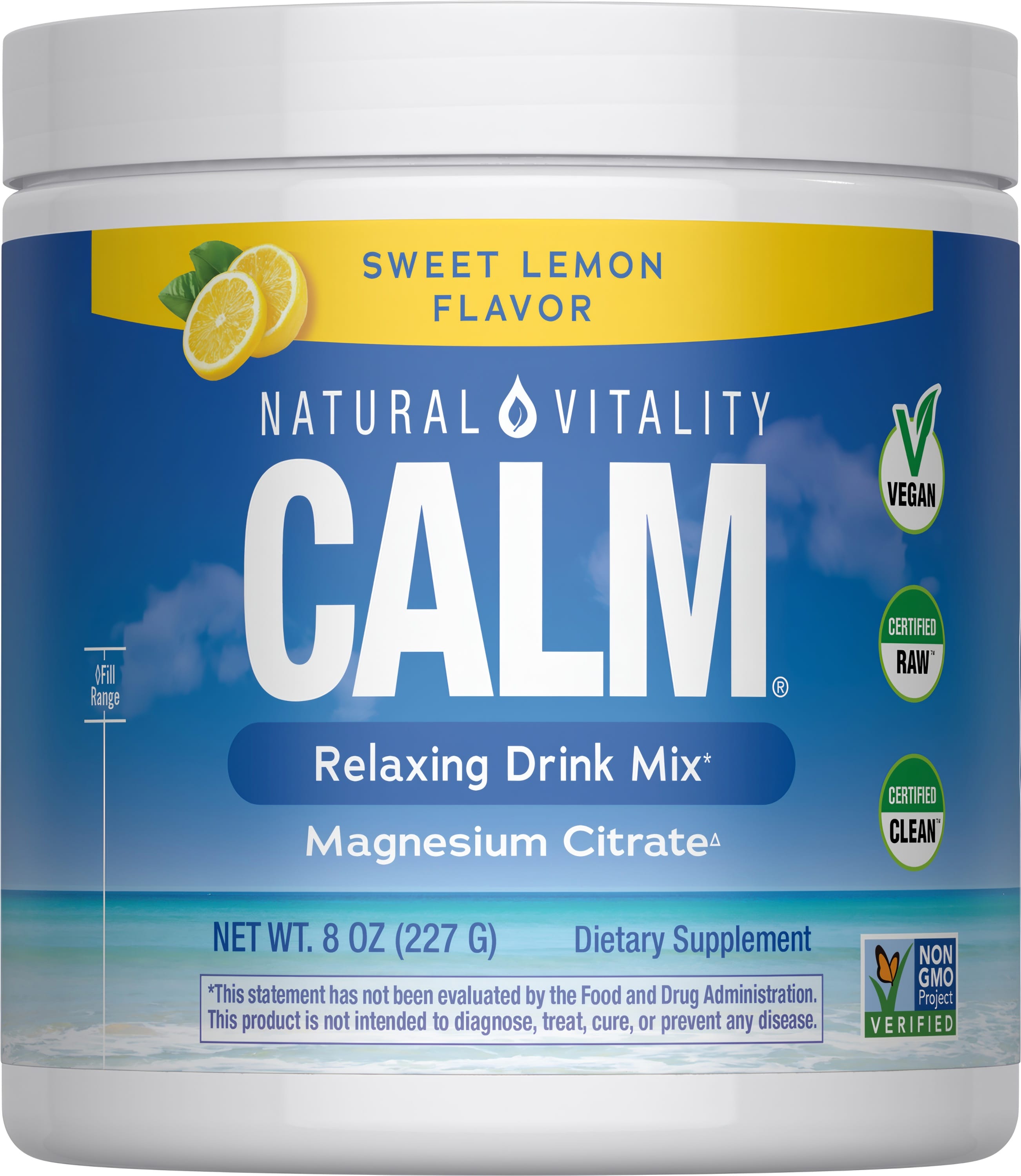Natural Vitality Calm Relaxing Drink Mix, Sweet Lemon flavor, Magnesium Citrate powder, net weight 8 oz (227 g).