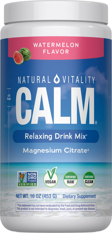 Natural Vitality Calm Watermelon Flavor, 16 oz magnesium citrate drink mix for relaxation.