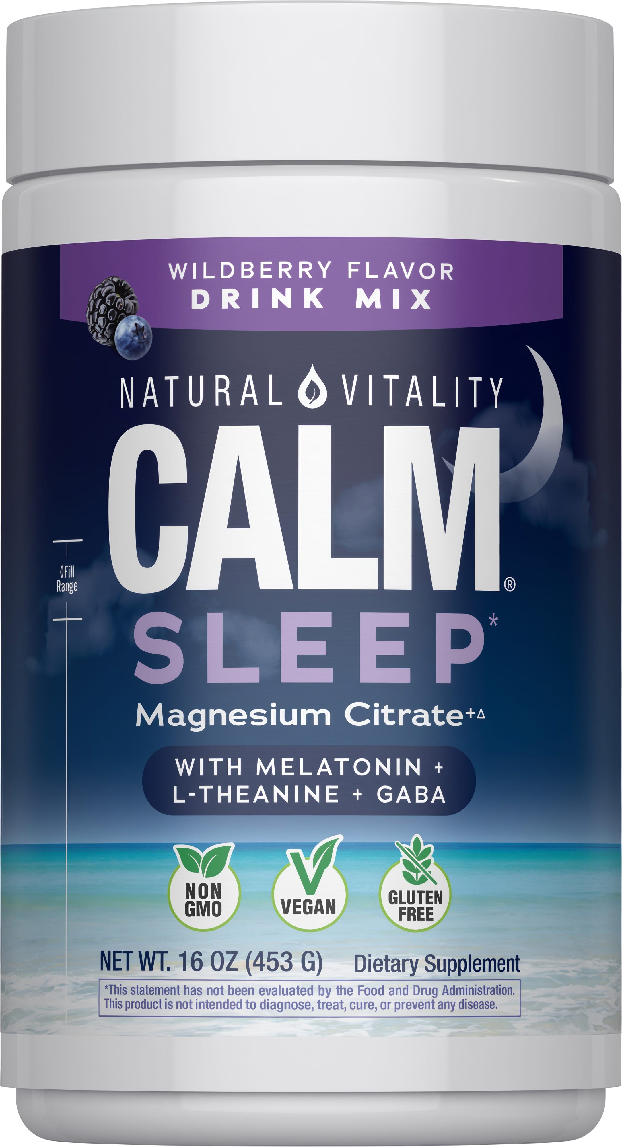 NV Calm Sleep Magnesium Citrate drink mix with melatonin, L-Theanine, GABA in wildberry flavor, 16 oz (453 g).