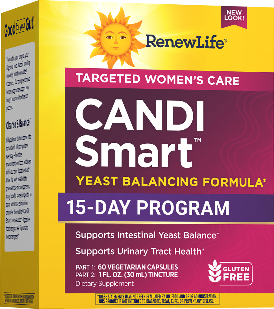 RenewLife CandiSmart Yeast Balancing Formula kit includes 60 vegetarian capsules and a 30 mL tincture for a 15-day program.