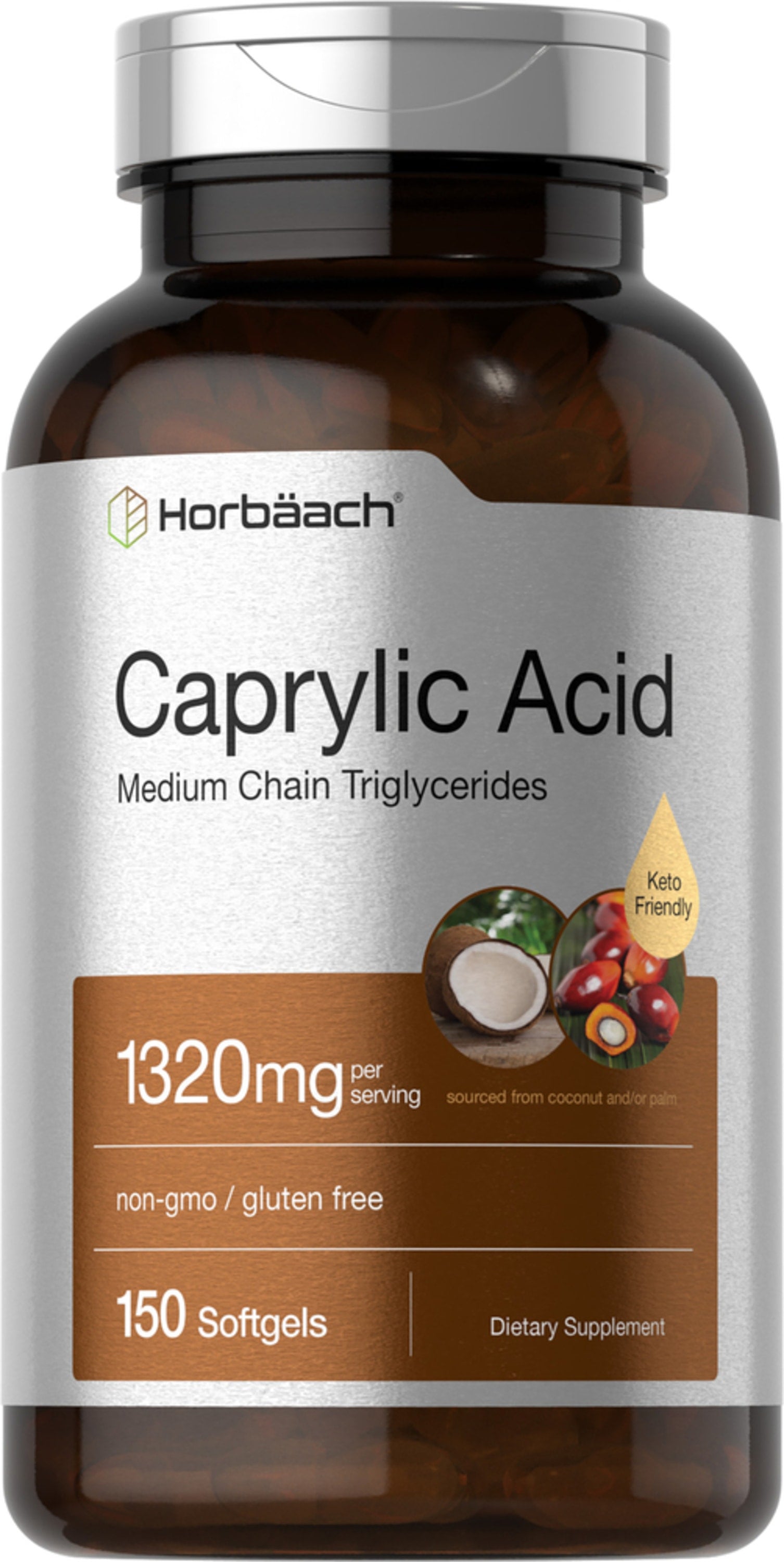 Caprylic Acid MCT, 1320mg per serving, 150 Softgels. Non-GMO, gluten-free, Keto Friendly, Dietary Supplement.