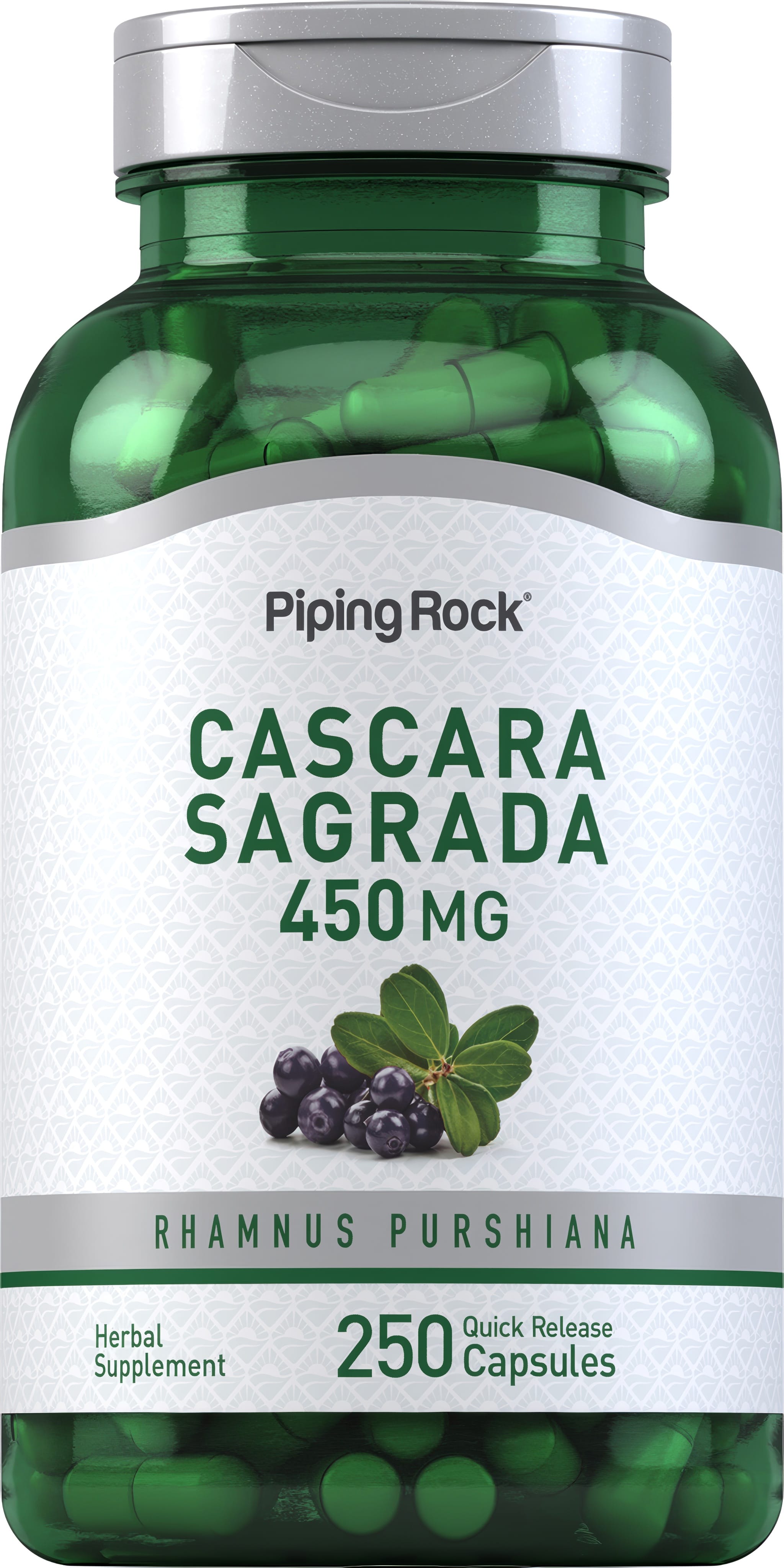 Cascara Sagrada 450 MG in a bottle with 250 quick release capsules is displayed.