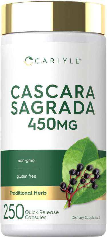 Cascara Sagrada 450 mg, 250 quick release capsules for natural digestive support.