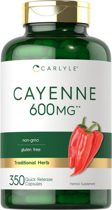 Carlyle Cayenne 600 mg, 350 Quick Release Capsules, non-GMO and gluten-free, traditional herbal supplement.