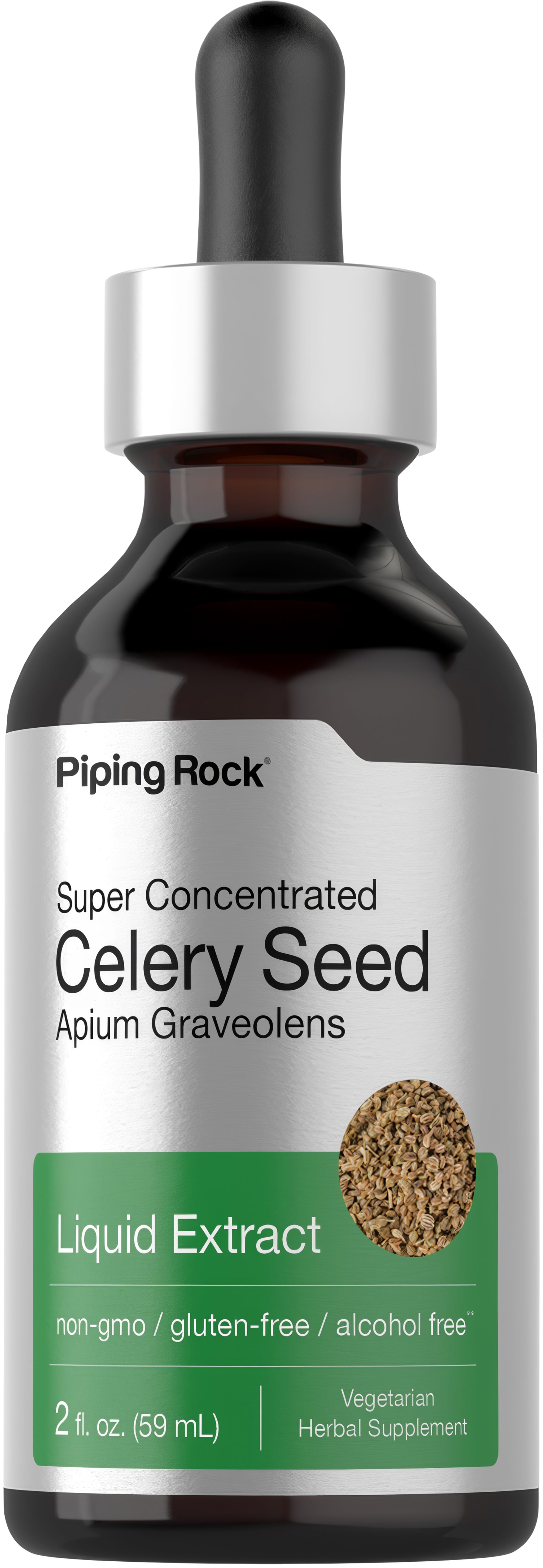 Celery Seed Liquid Extract, 2 fl. oz. (59 mL), non-gmo, gluten-free, alcohol free, vegetarian herbal supplement.