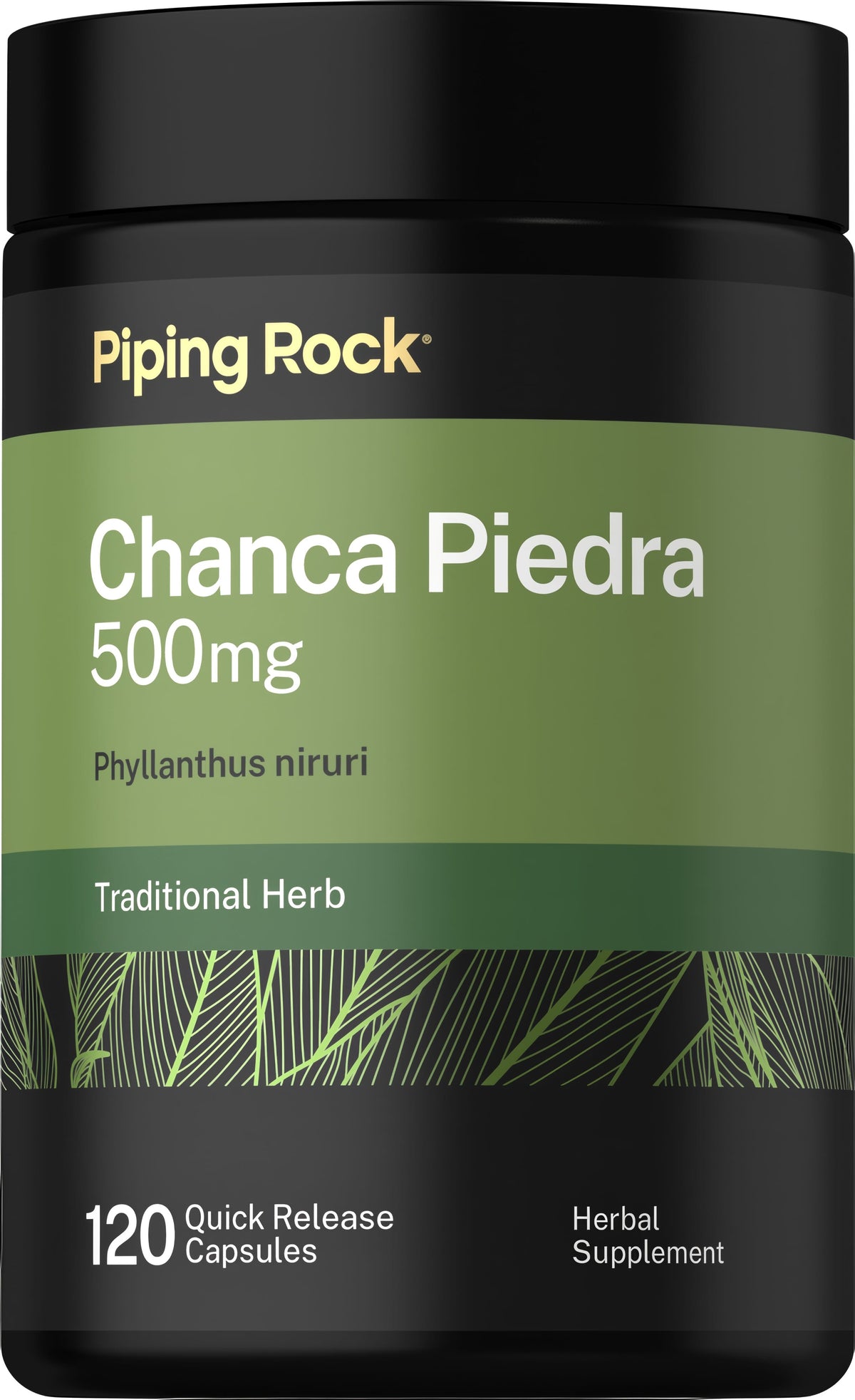Chanca Piedra 500mg, Phyllanthus niruri, with 120 quick-release capsules. Herbal supplement bottle.