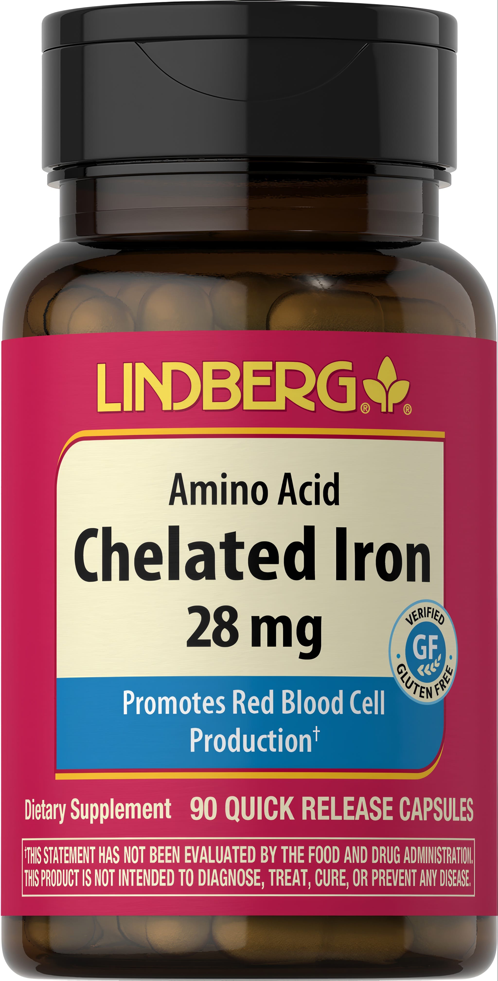 Lindberg Amino Acid Chelated Iron 28 mg in 90 quick-release capsules, verified as gluten-free.