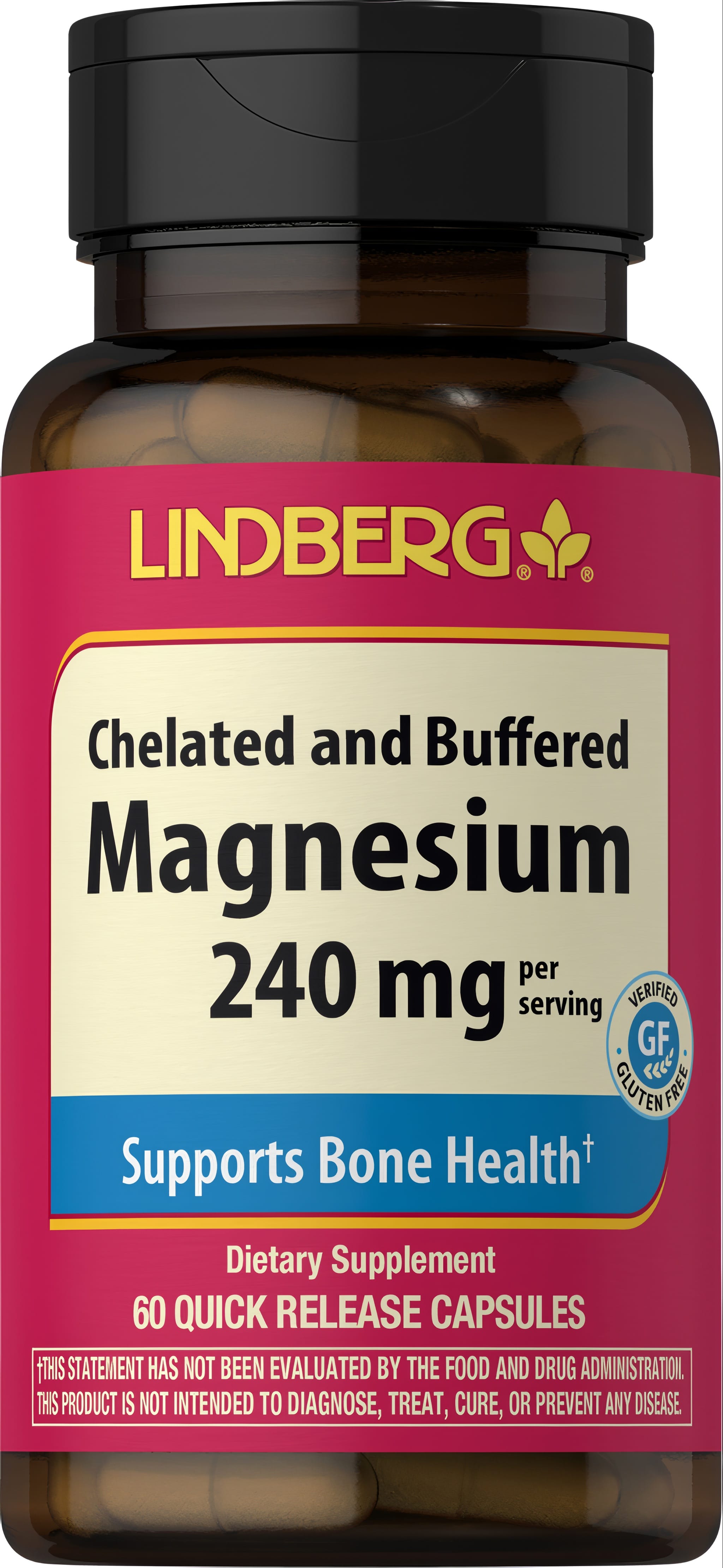 Chelated and Buffered Magnesium, 240 mg per serving. 60 Quick Release Capsules. Gluten Free. Supports Bone Health.