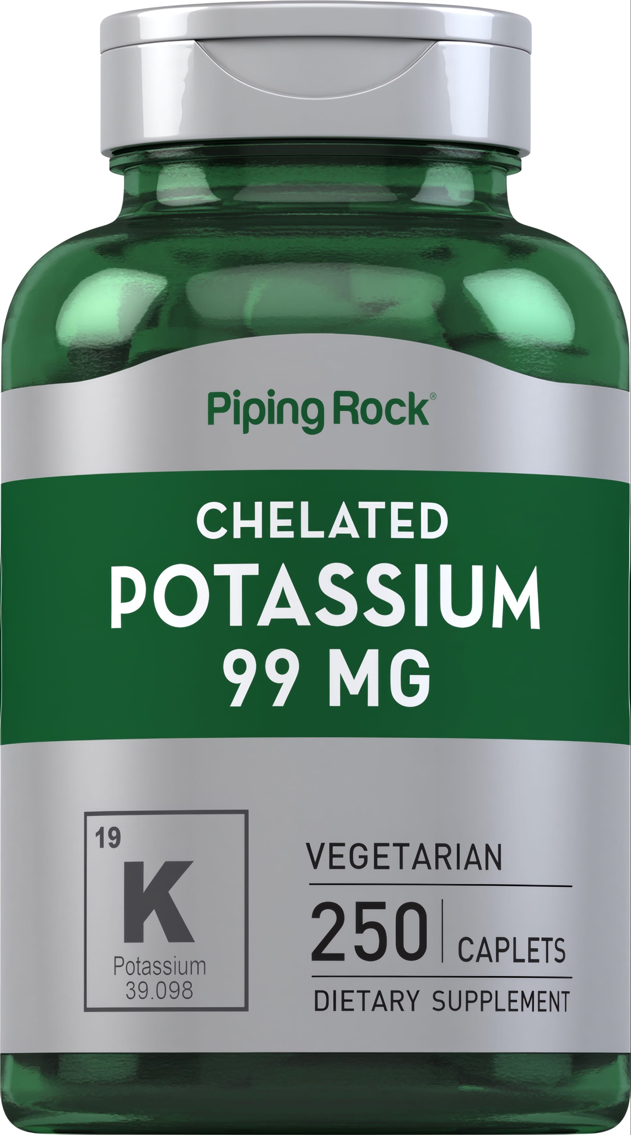 Vegetarian dietary supplement with 250 caplets of 99 mg chelated potassium.