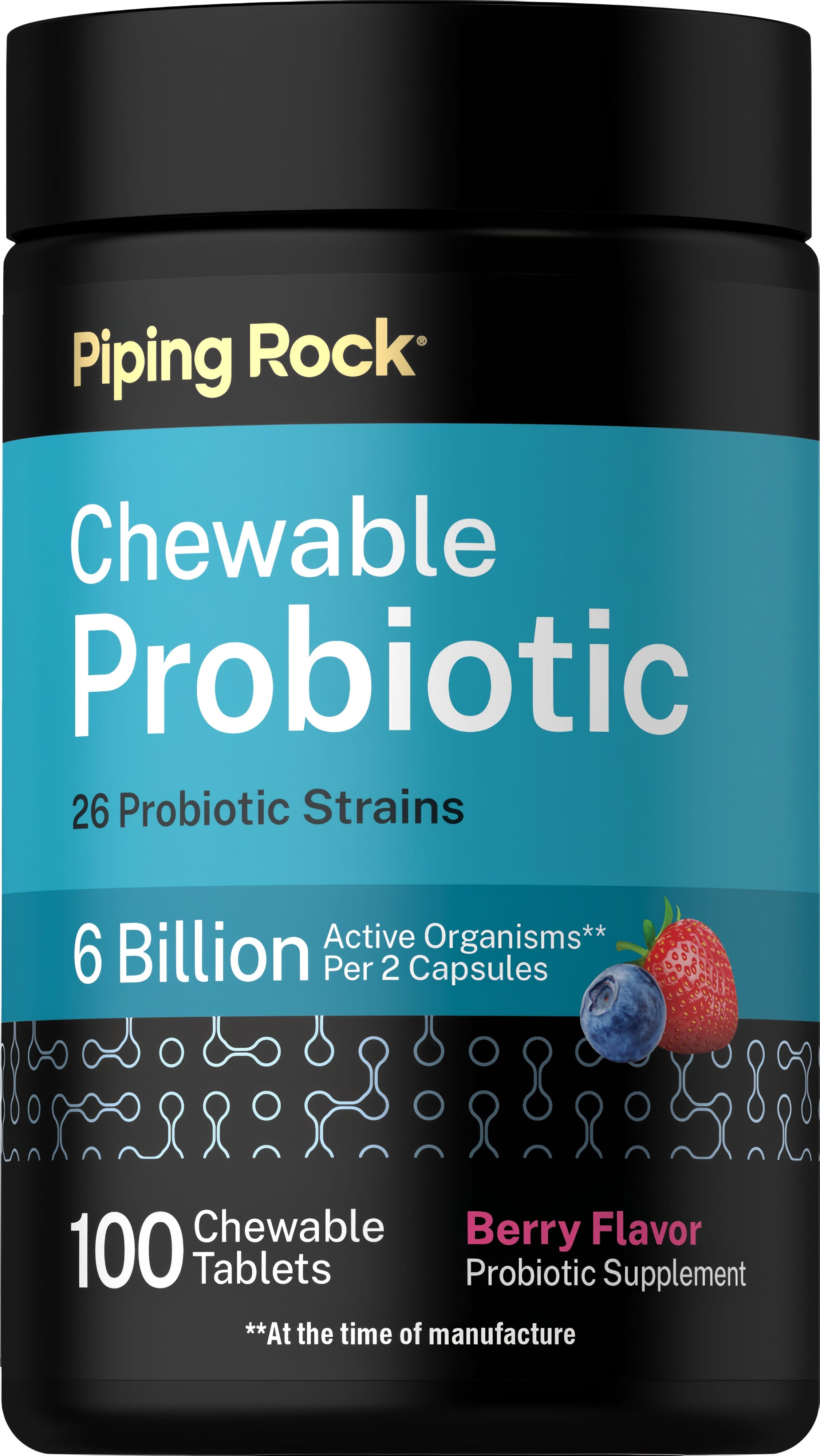Chewable probiotic with 26 strains offers 6 billion active organisms per 2 capsules; includes 100 berry-flavored tablets.
