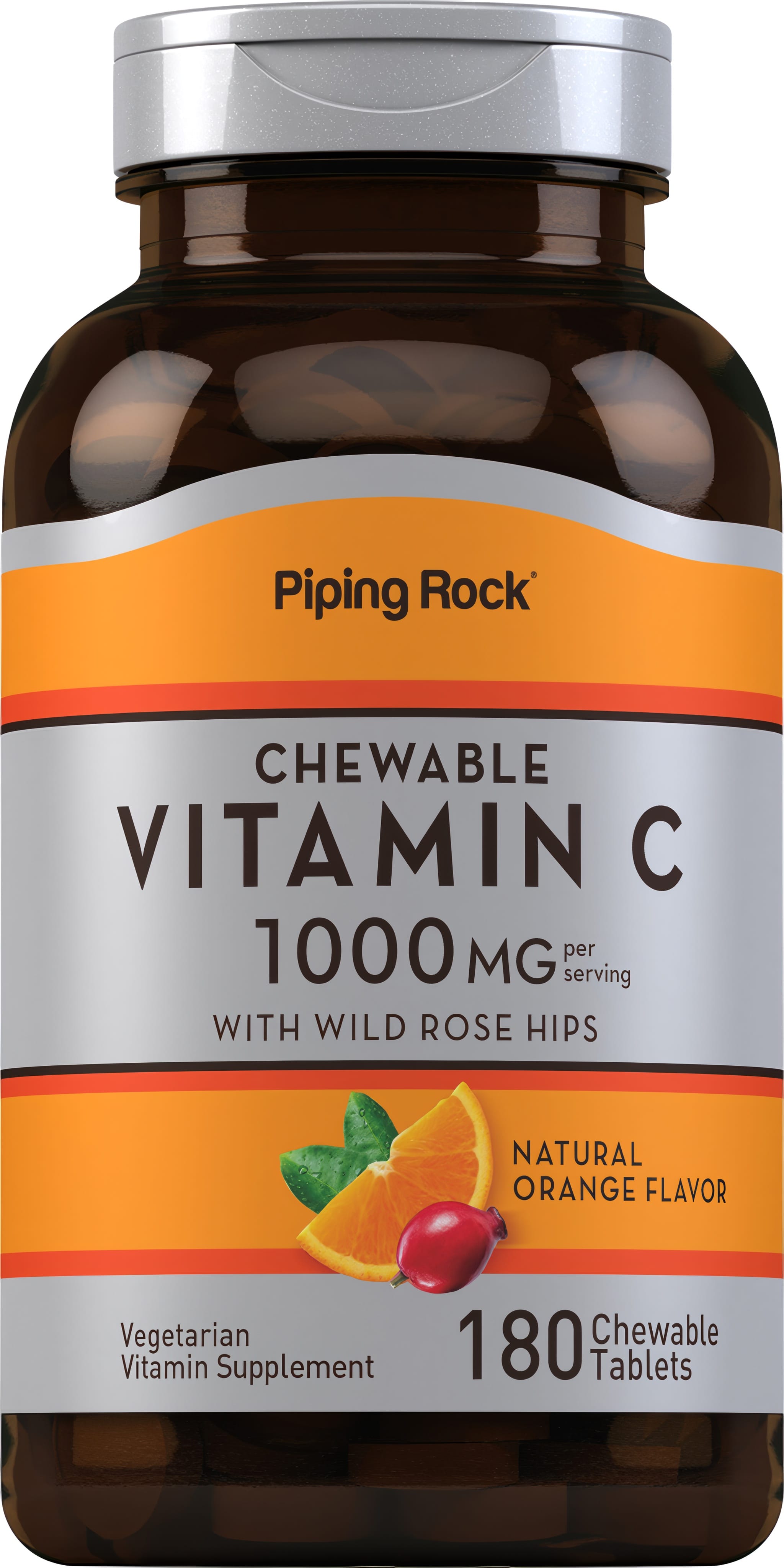 Chewable Vitamin C 1000 MG with Wild Rose Hips, Natural Orange Flavor, 180 Chewable Tablets, Vegetarian Supplement.