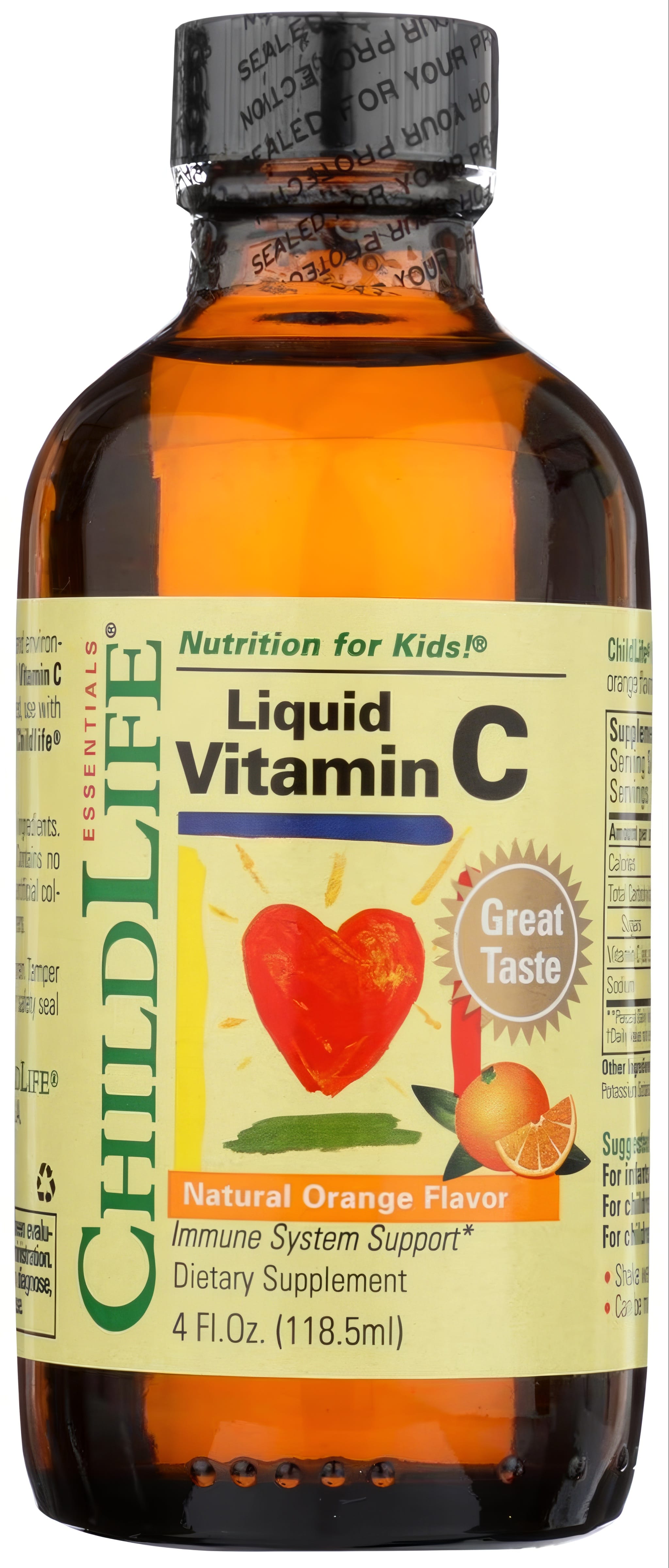 ChildLife Children's Liquid Vitamin C in a 4 Fl.Oz. (118.5ml) bottle with natural orange flavor.