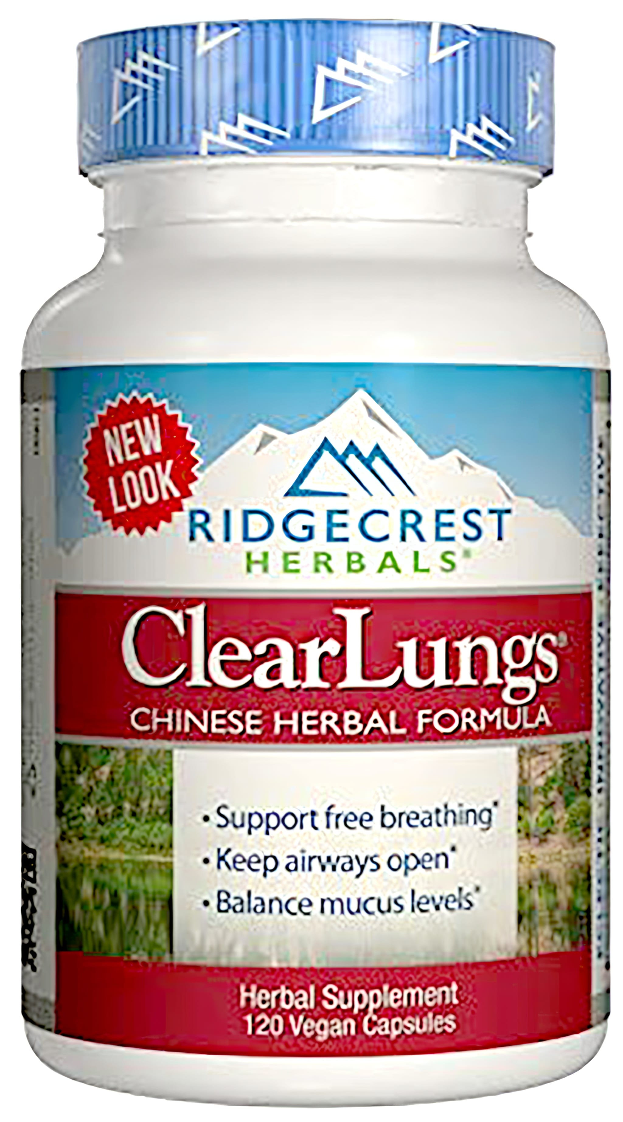 Ridgecrest Clear Lungs Chinese Herbal Formula with 120 vegan capsules visible in the bottle.