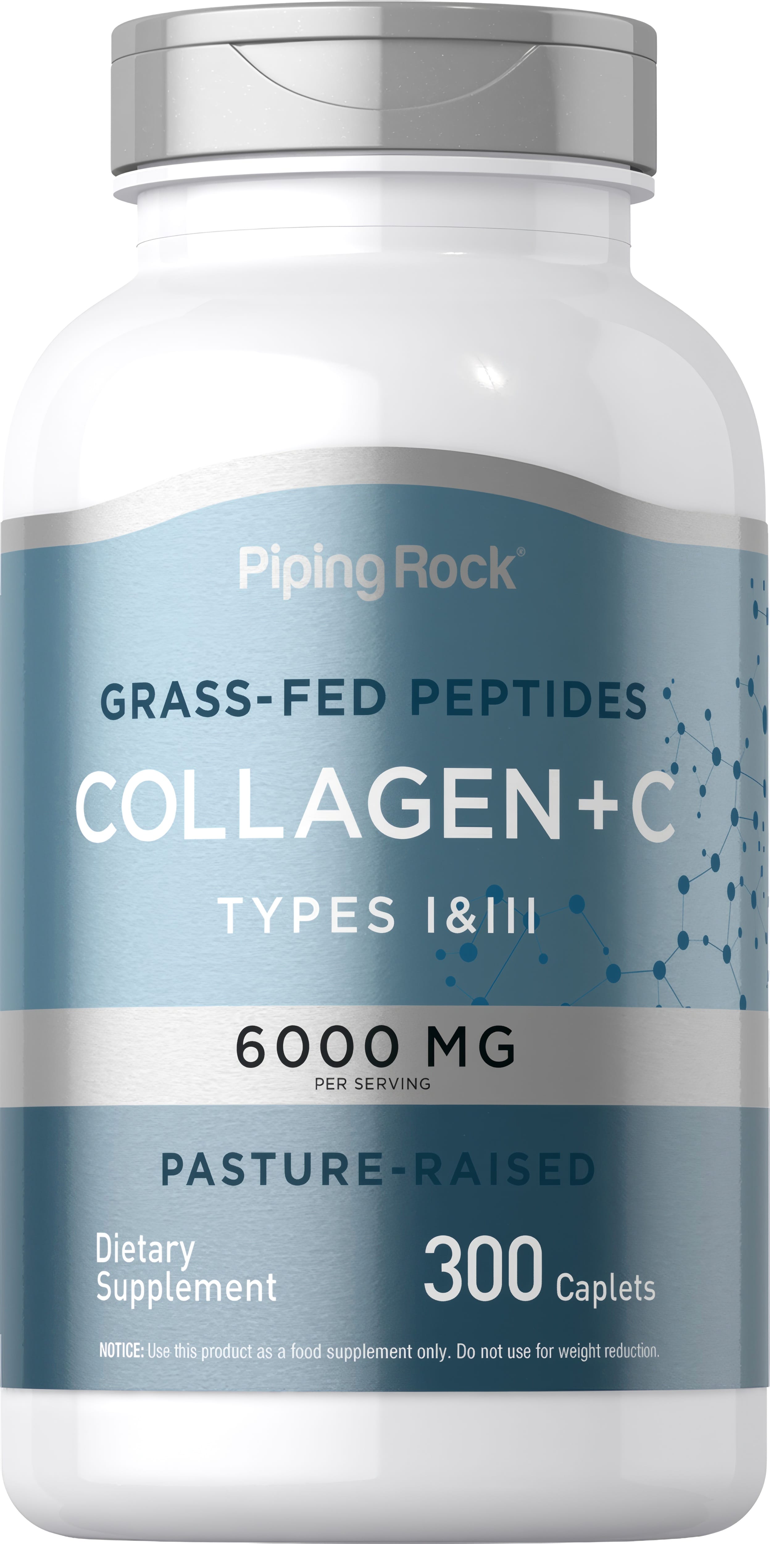 Grass-Fed Peptides Collagen Types I & III, 6000 mg per serving, pasture-raised dietary supplement, 300 caplets.