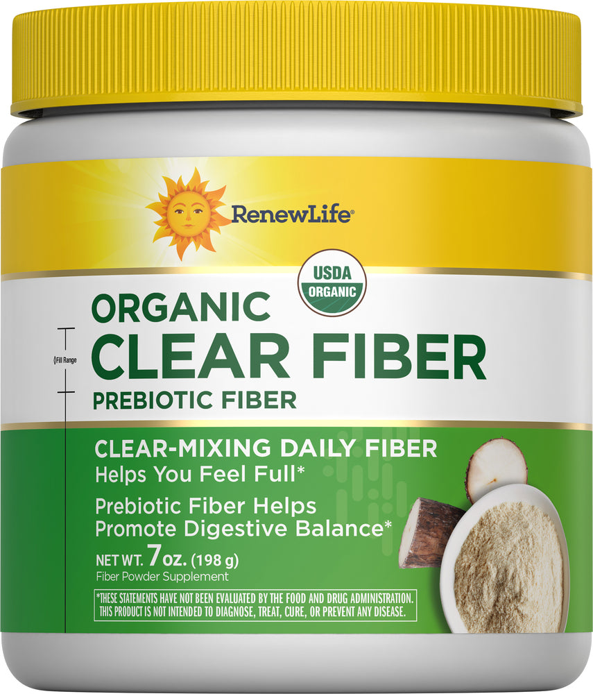 RenewLife Organic Clear Fiber, a USDA Organic prebiotic fiber powder supplement, 7 oz (198 g) bottle.