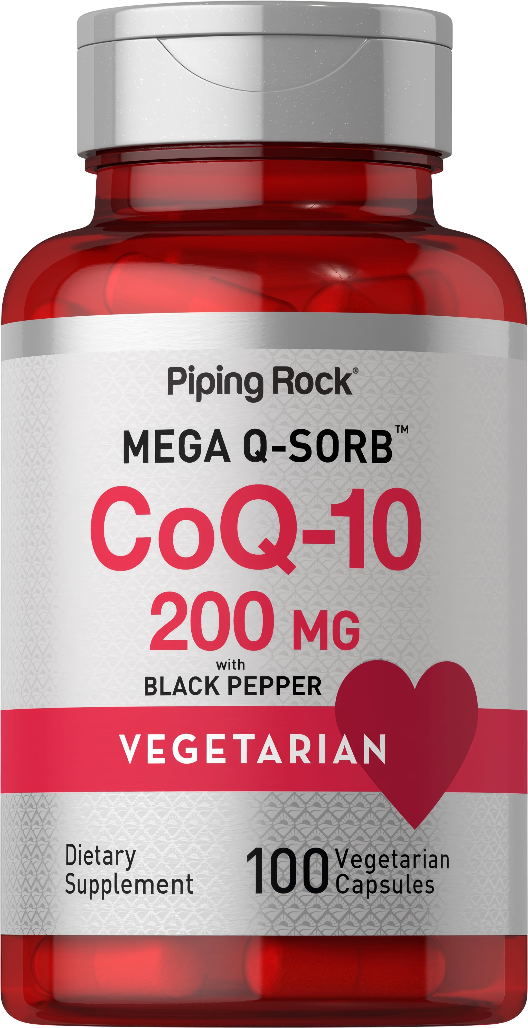 MEGA Q-SORB CoQ-10 200 MG with Black Pepper, a vegetarian dietary supplement, includes 100 vegetarian capsules.
