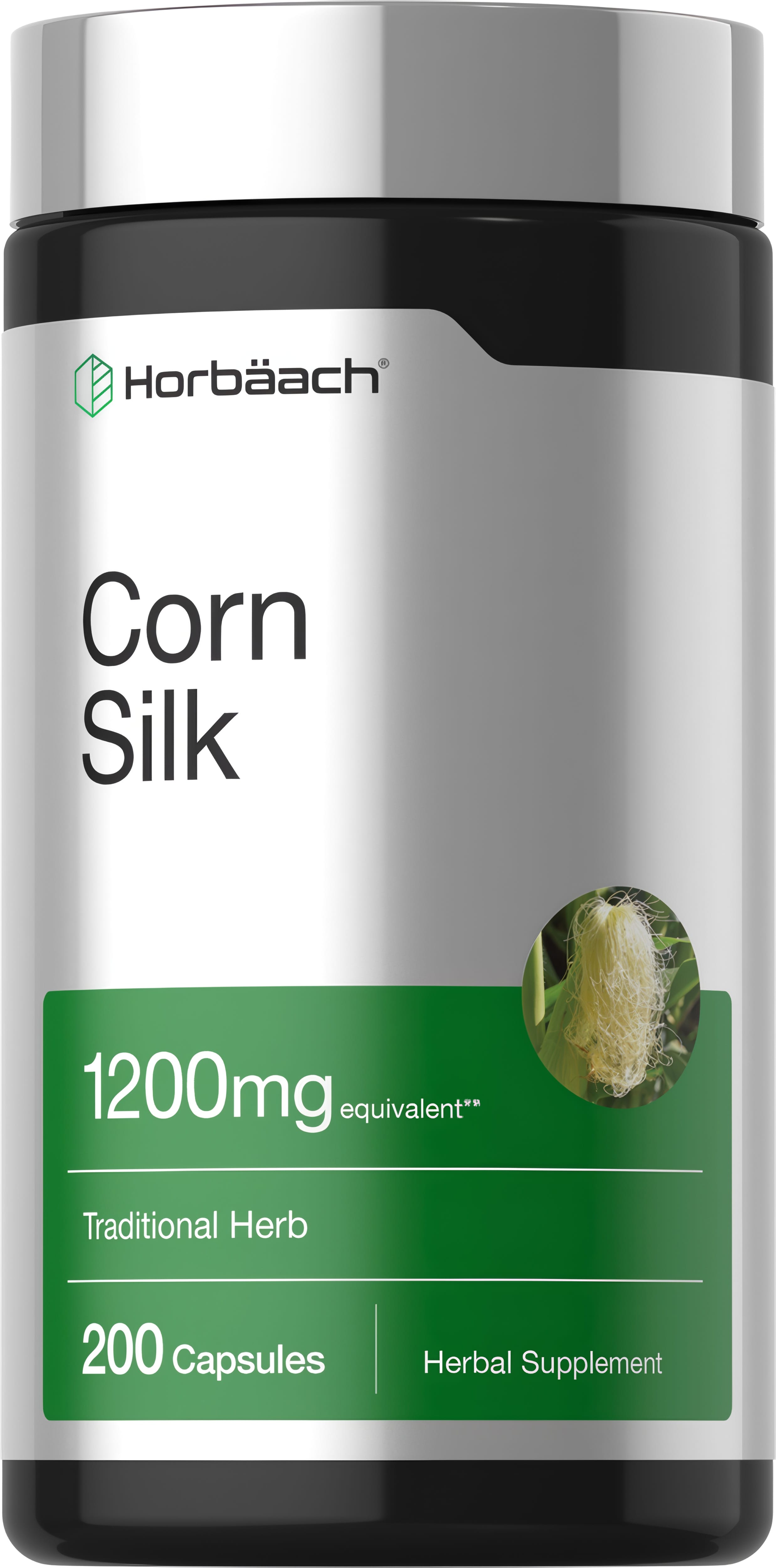 Corn Silk 1200mg equivalent traditional herb in a 200 capsule herbal supplement bottle.