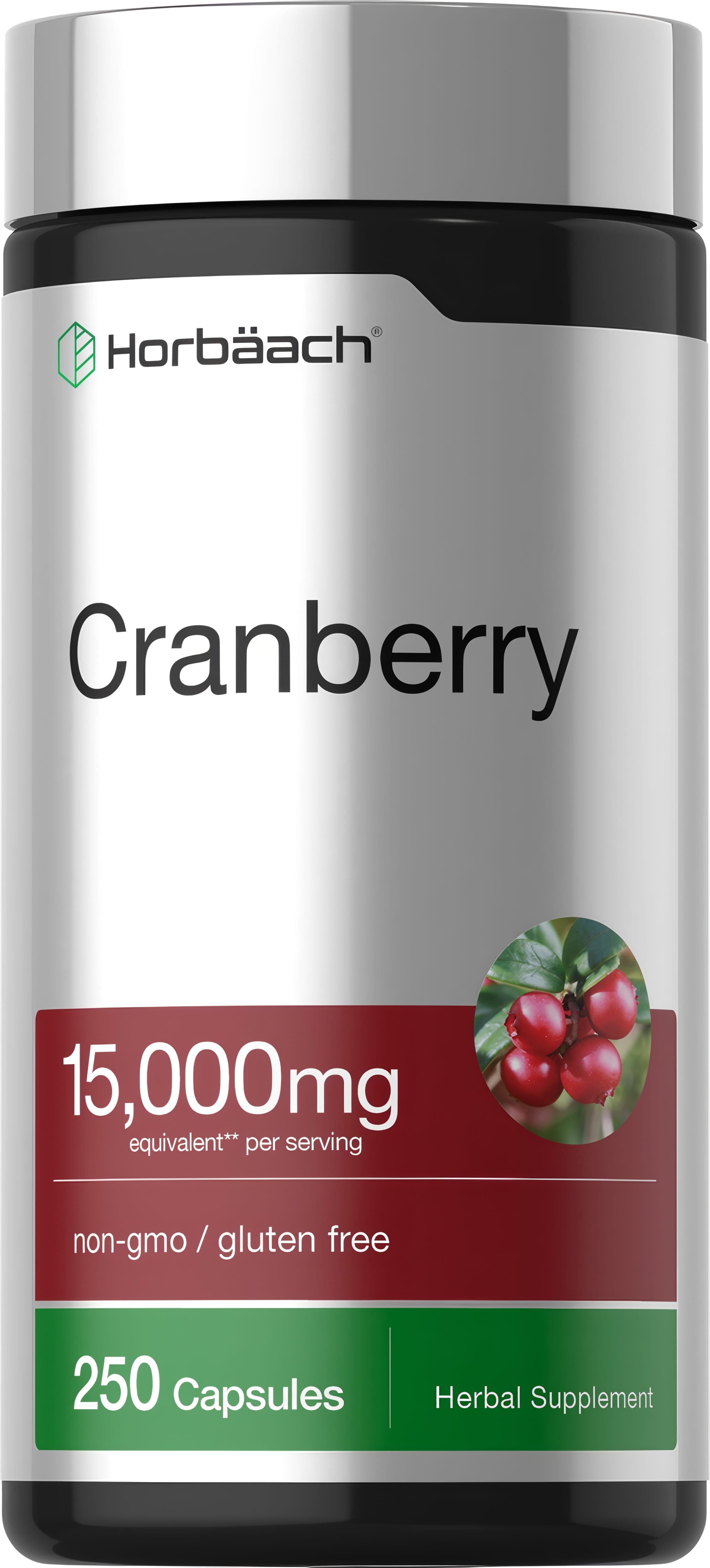 Cranberry supplement with 15,000mg equivalent per serving, 250 capsules. Non-GMO and gluten-free herbal product.
