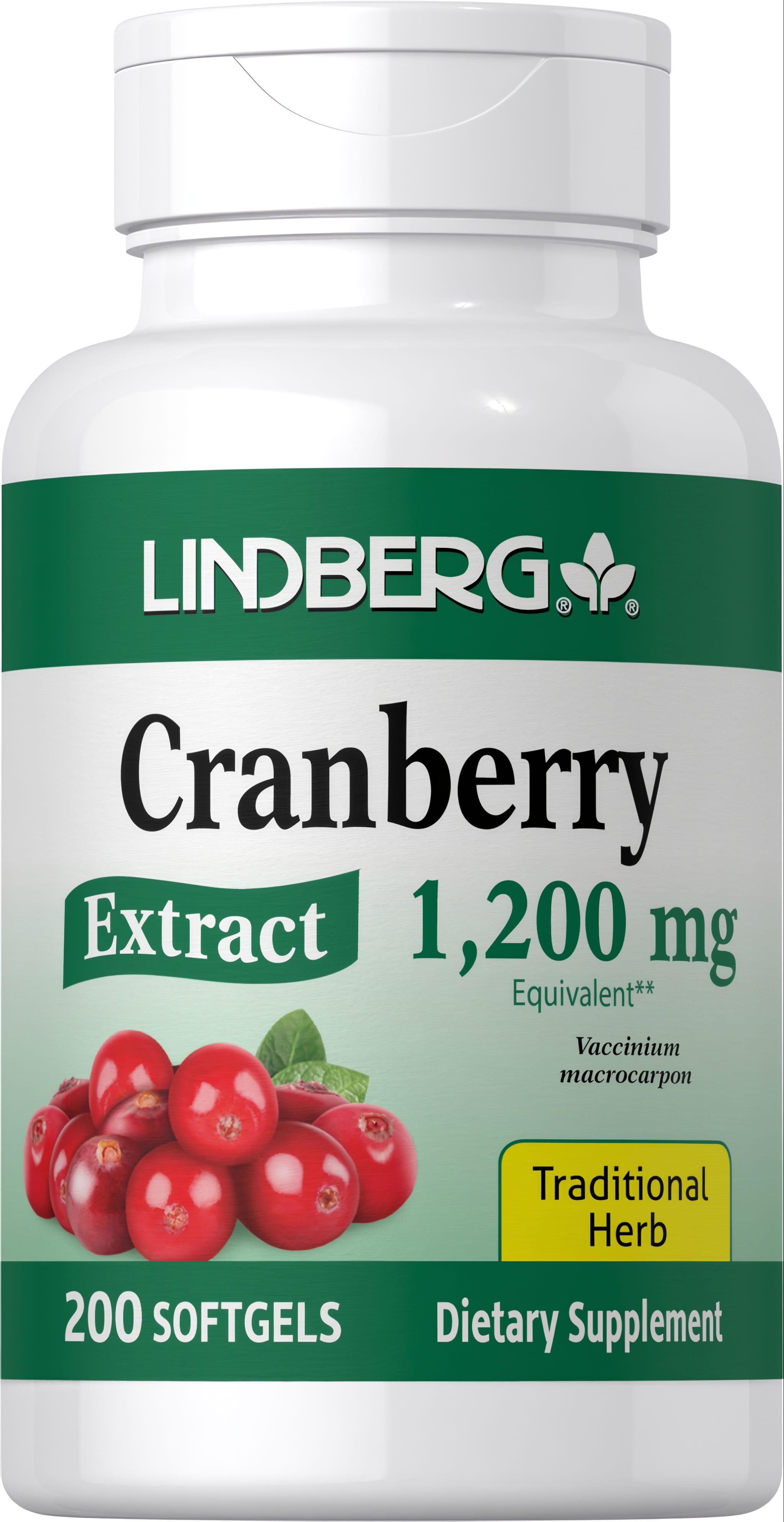 Lindberg Cranberry Extract, 1200 mg equivalent, 200 softgels. Traditional herb dietary supplement.