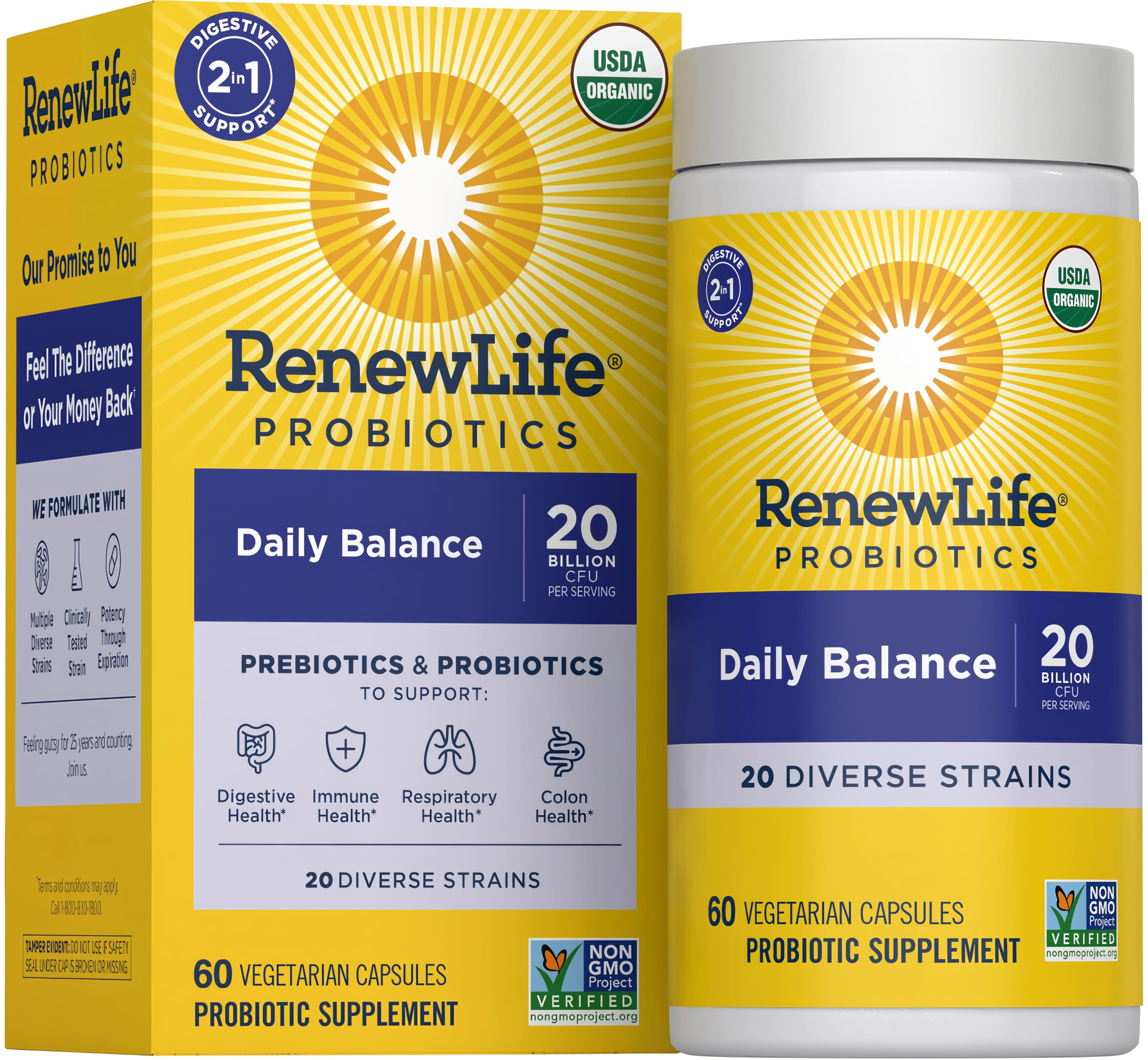 RenewLife Daily Balance Probiotic + Prebiotic features 60 vegetarian capsules with 20 billion CFU and 20 diverse strains.