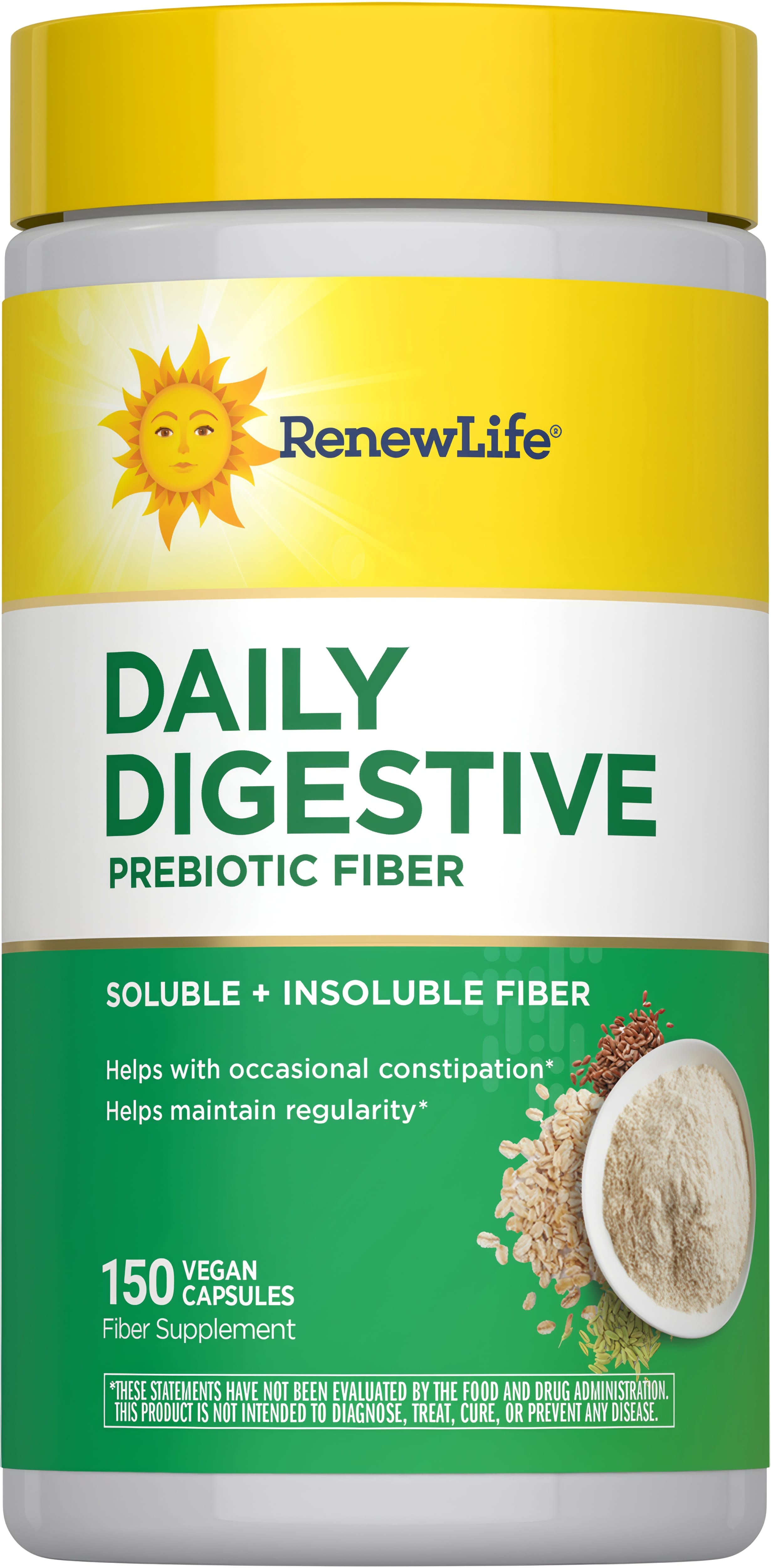 Daily Digestive Prebiotic Fiber supplement, 150 vegan capsules with soluble and insoluble fiber.