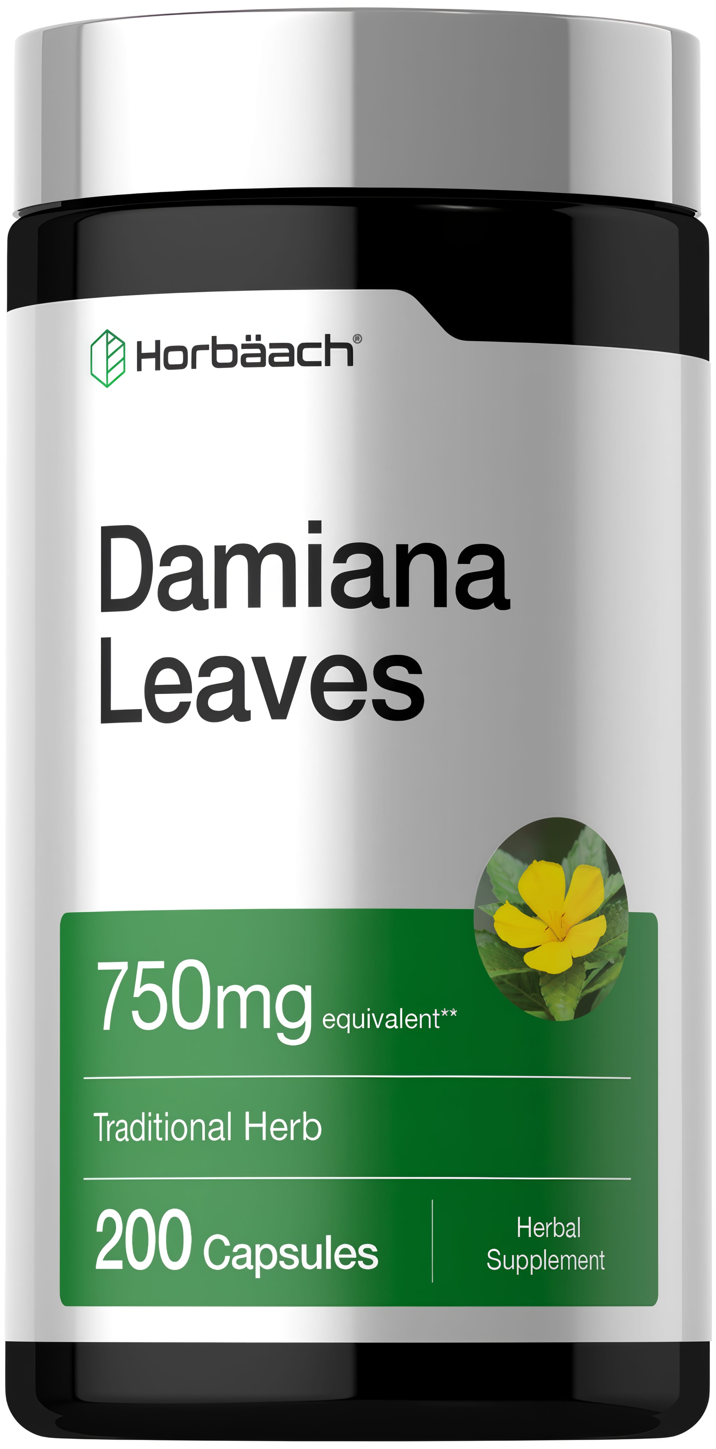Horbäach Damiana Leaves 750mg equivalent. Traditional herb supplement with 200 capsules, Herbal Supplement.