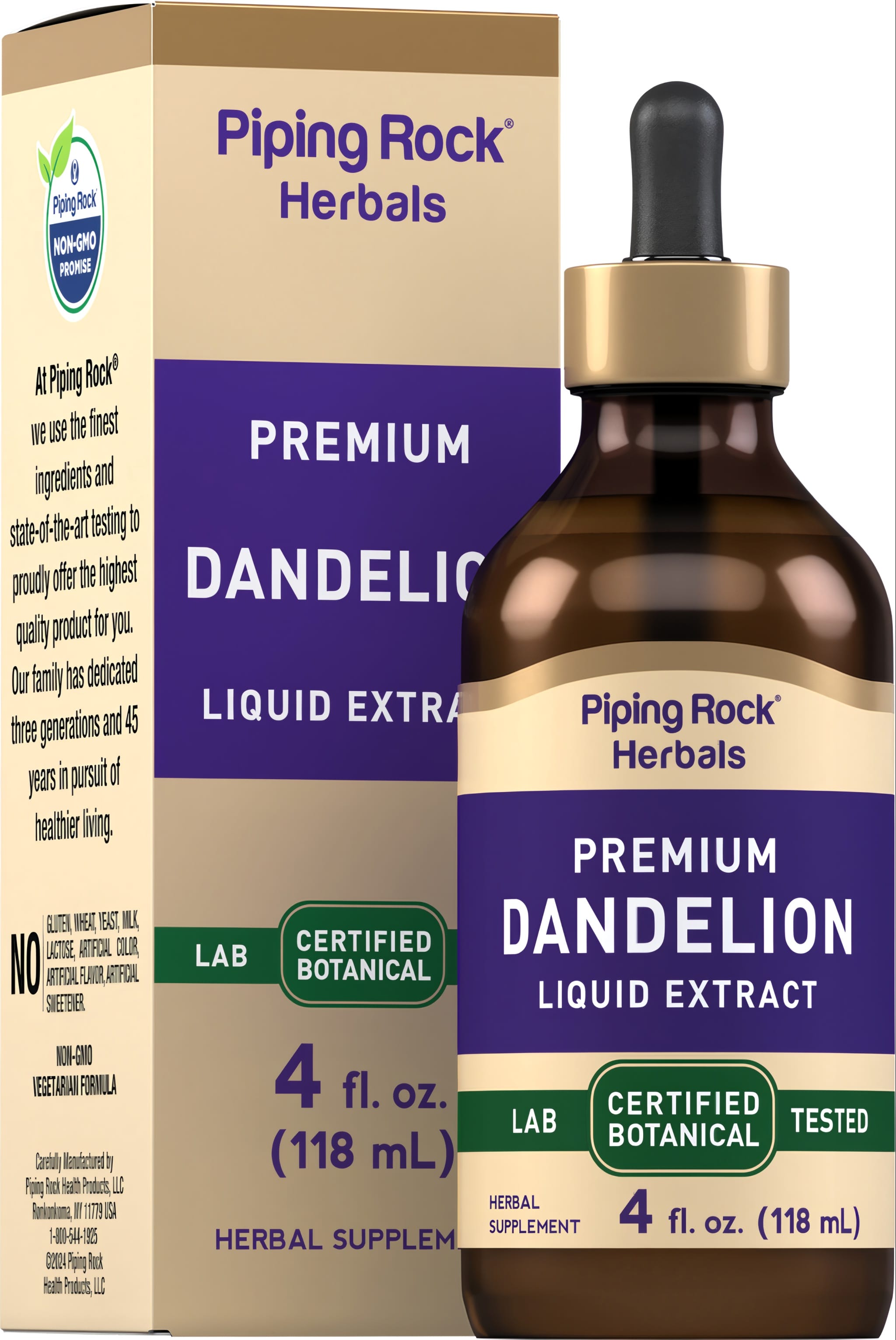 Bottle and box of Premium Dandelion Liquid Extract, 4 fl. oz. (118 mL).