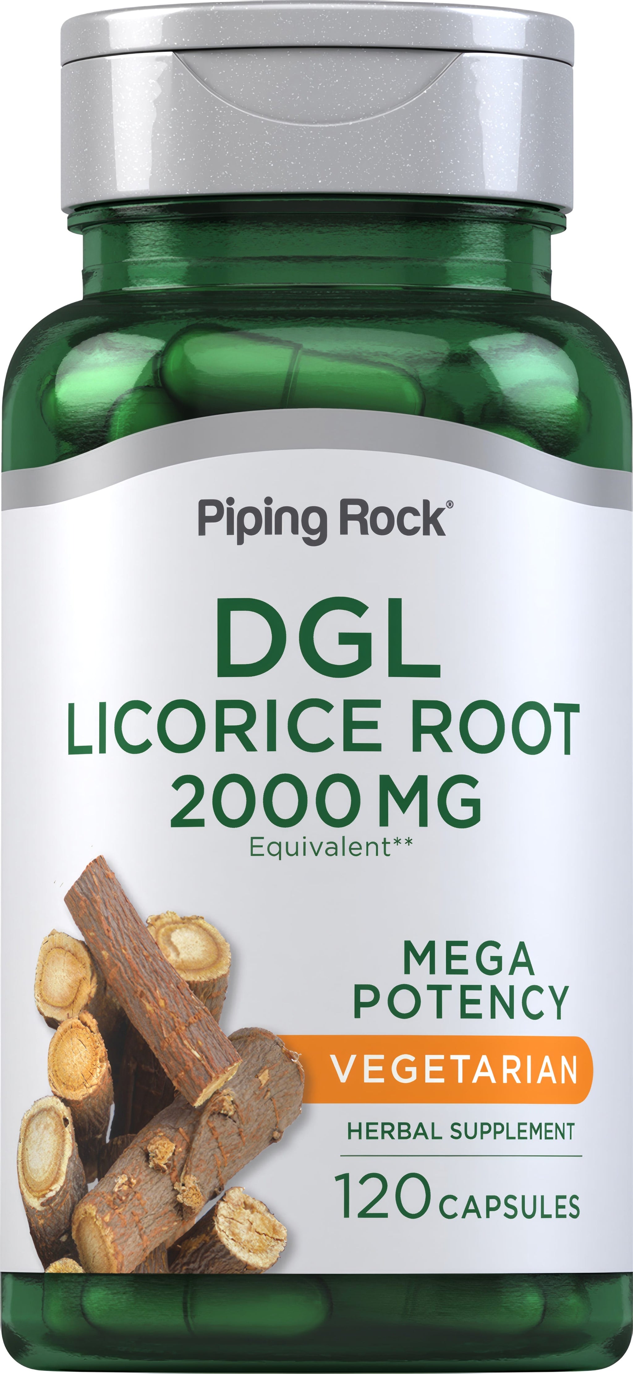 DGL Licorice Root 2000 MG Equivalent, 120 Vegetarian Capsules in a bottle.