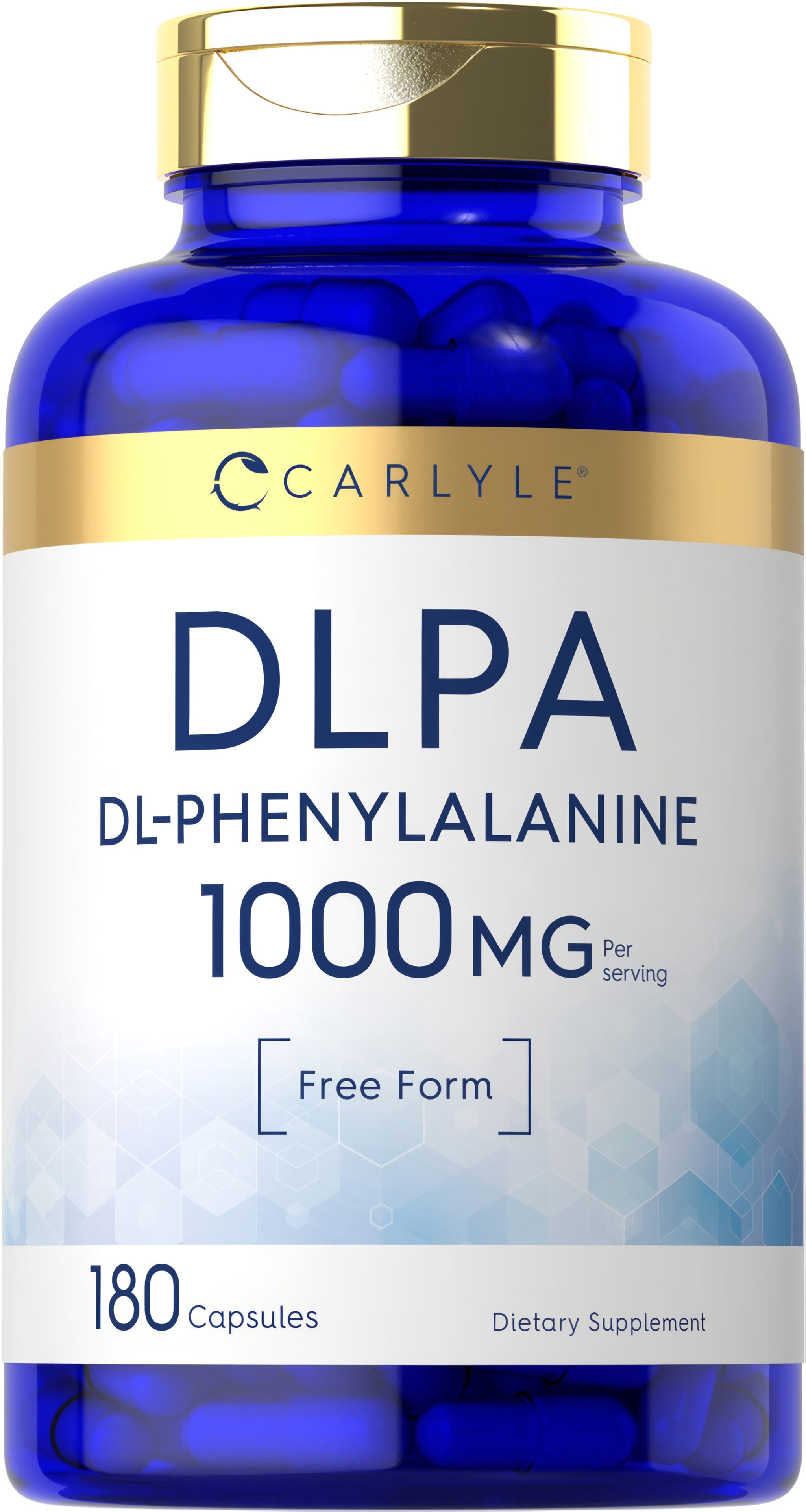Carlyle DLPA DL-Phenylalanine 1000 MG per serving, 180 capsules. Free form dietary supplement.