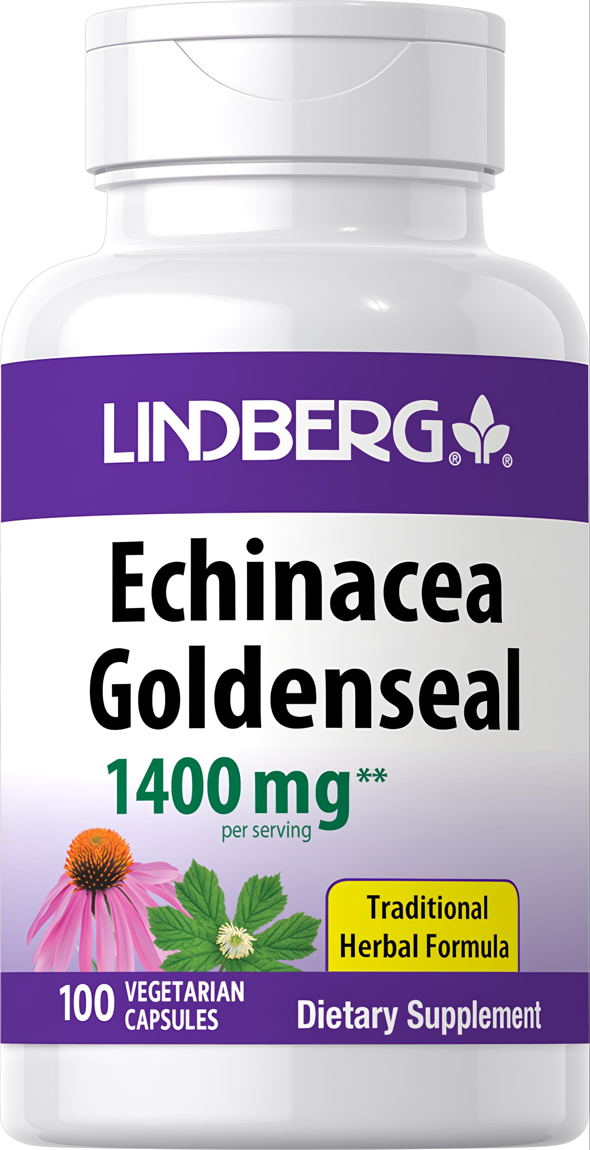 Echinacea Goldenseal 1400 mg per serving, 100 Vegetarian Capsules, is a traditional herbal formula dietary supplement.