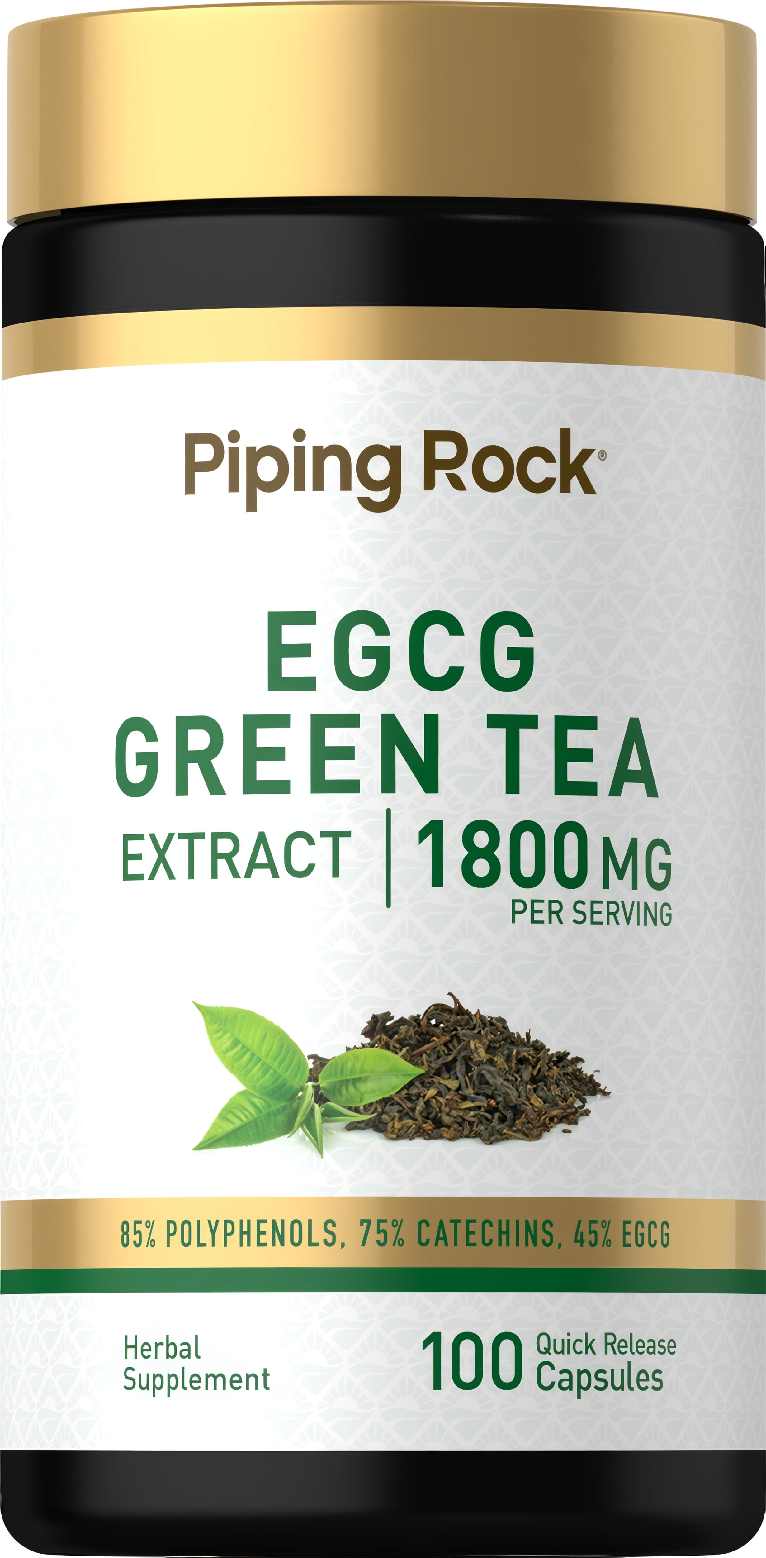 EGCG Green Tea Extract 1800 mg with 85% Polyphenols, 75% Catechins, and 45% EGCG in 100 quick release capsules.
