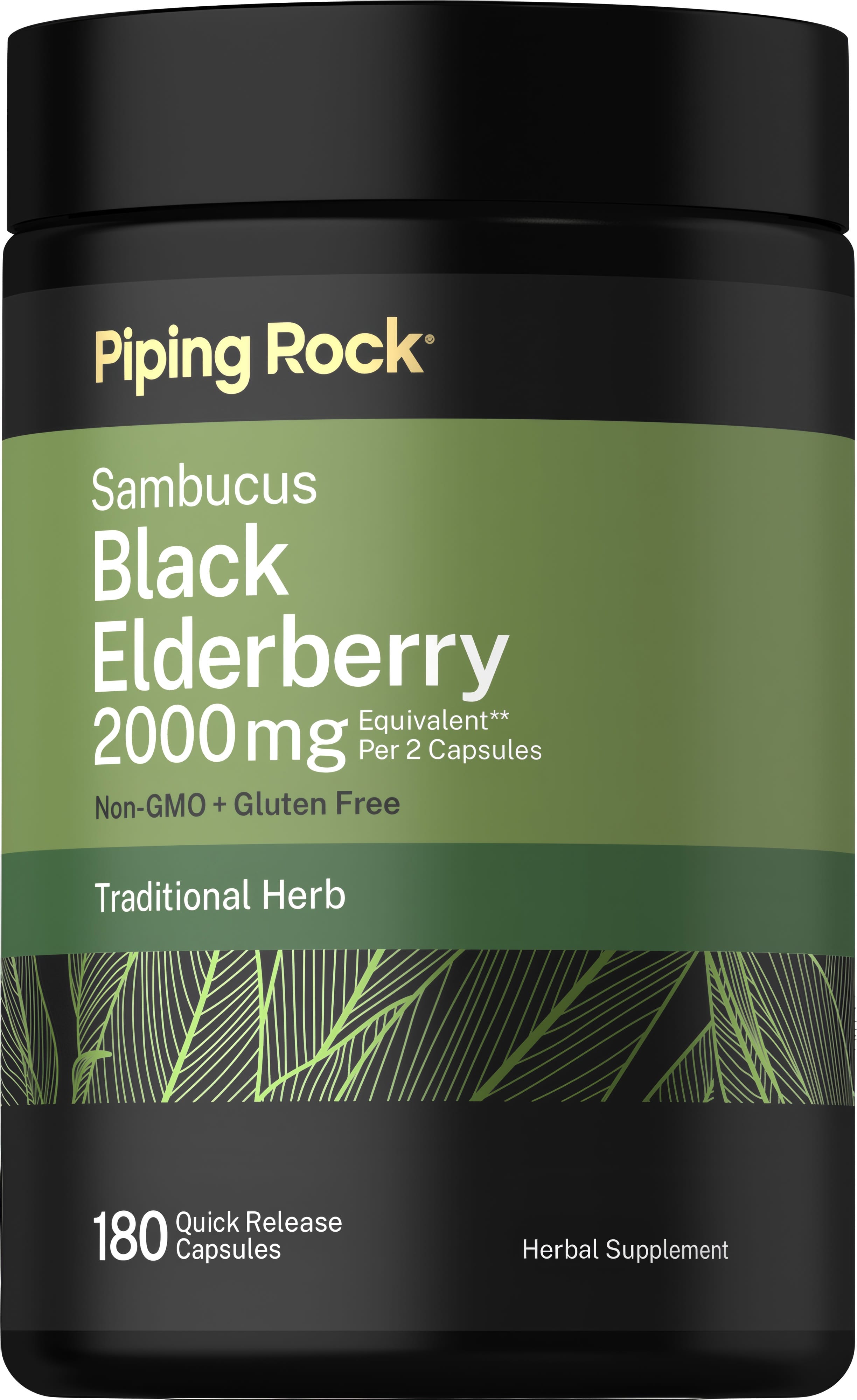 Black Elderberry 2000 mg per 2 capsules, non-GMO, gluten-free, 180 quick release capsules. Herbal supplement.