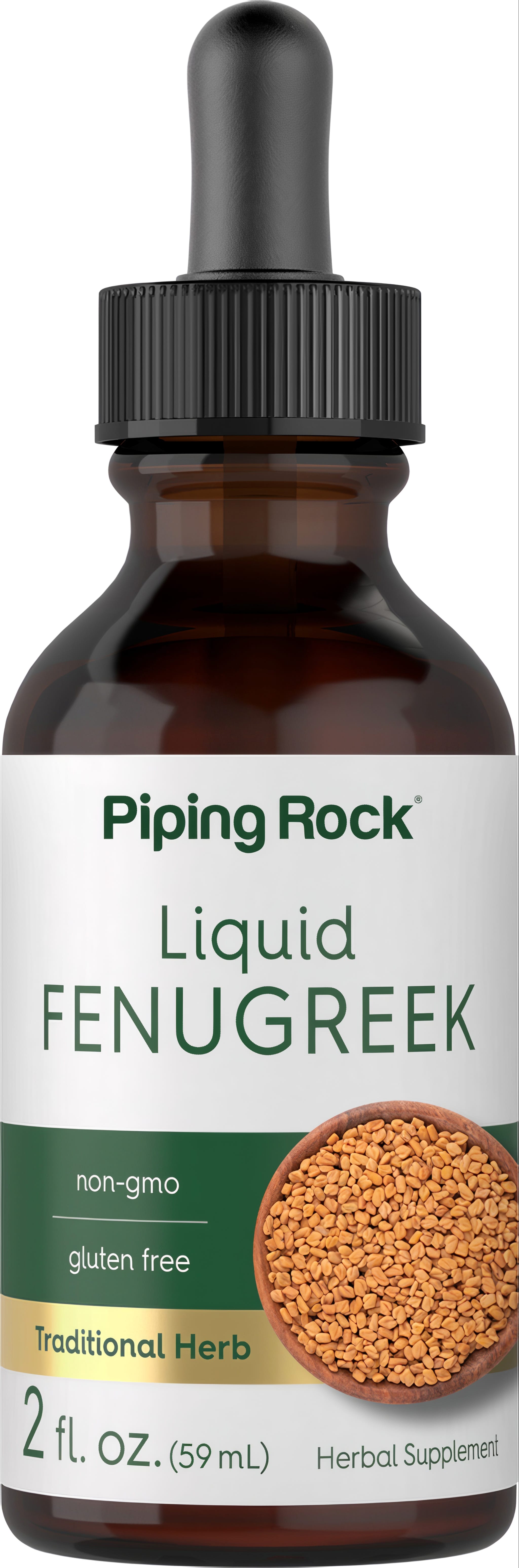 Liquid Fenugreek, 2 fl. OZ. (59 mL) Herbal Supplement. Label shows non-gmo, gluten free, Traditional Herb, fenugreek seeds.