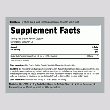 Kudzu Root 1600 mg capsules supplement facts panel for 100 capsules.