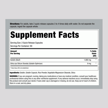 Supplement Facts panel displaying Gelatin 2160 mg per serving in a bottle of 250 capsules.