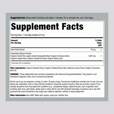 Supplement Facts for Yogi Kava Stress Relief tea, 16 bags, detailing ingredients and nutritional information.