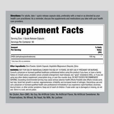 Supplement Facts panel detailing DHEA 100 mg Capsules containing 90 capsules per bottle.