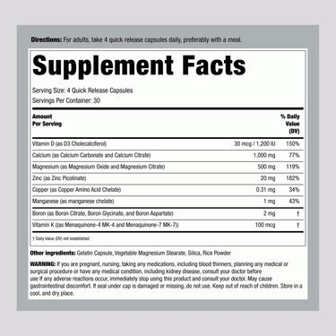 Supplement Facts panel for LN Bone Support with Vitamin K2, 120 capsules.