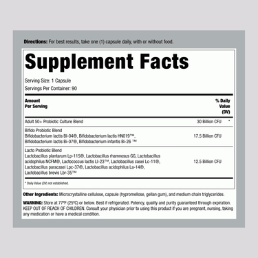 Supplement Facts panel for RN Ultimate Flora Adult 50+ 30 Billion 90 Veg Capsules.