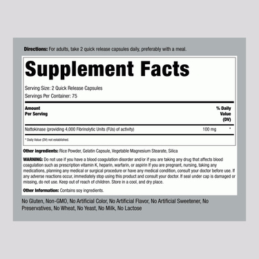 Supplement Facts for Ultra Nattokinase 4000 FU, 200 mg, 150 capsules.