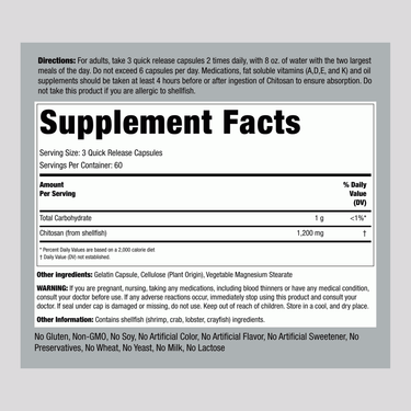 Supplement Facts panel showing Chitosan 1200 mg, 180 Capsules.