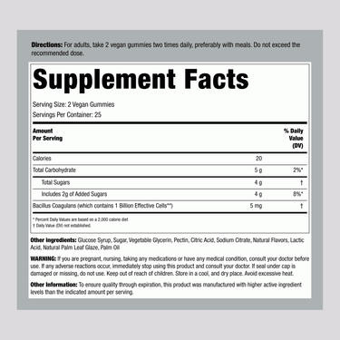 Supplement Facts panel displaying information for Digestive Probiotic 50 Gummies.