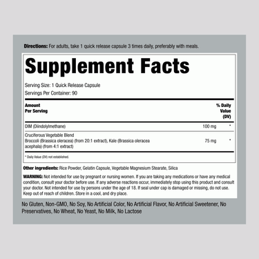 The supplement facts panel for DIM 100 mg Complex Capsules, containing 90 capsules.