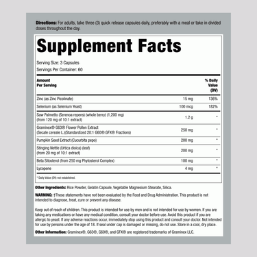 Supplement Facts panel displaying information for Prostate Support with Graminex.