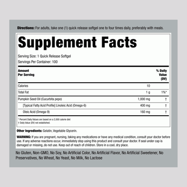 Supplement Facts panel for Pumpkin Seed Oil 1000 mg with 100 Softgels.
