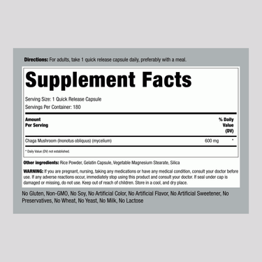 Supplement Facts label for Chaga Mushroom 600 mg, 180 capsules.