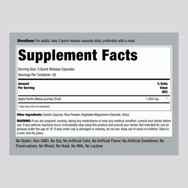 Supplement Facts for Apple Pectin showing 1950mg per serving with 150 capsules in the bottle.