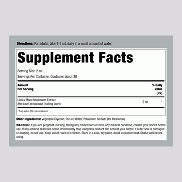Image of the Supplement Facts panel for Carlyle Lion's Mane Mushroom Liquid, 2 fl oz.